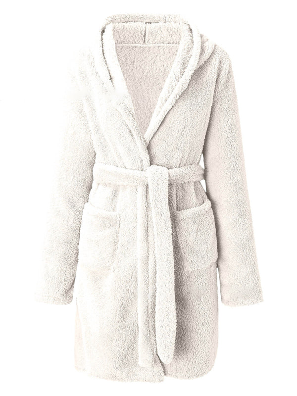 Hooded solid color warm bathrobe