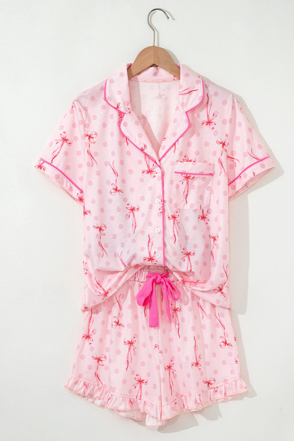 Pink Bow Print Contrast Pipping Short Pajamas Set