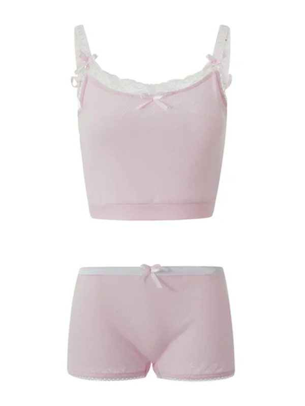 Cami set with bow and lace trim