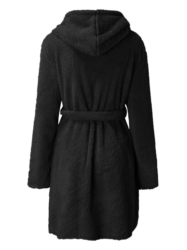 Hooded solid color warm bathrobe