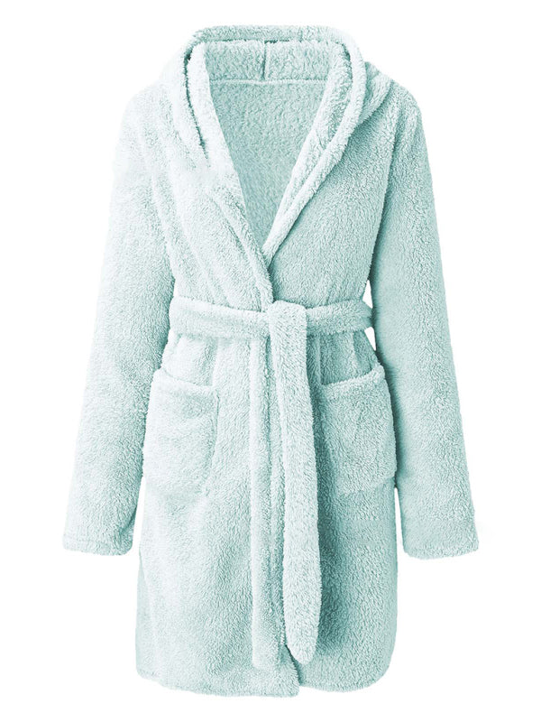 Hooded solid color warm bathrobe