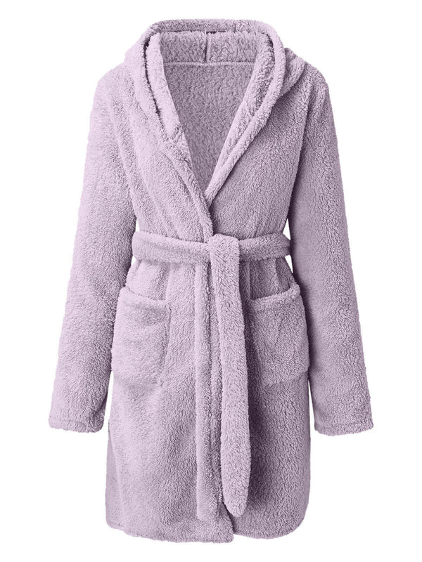 Hooded solid color warm bathrobe