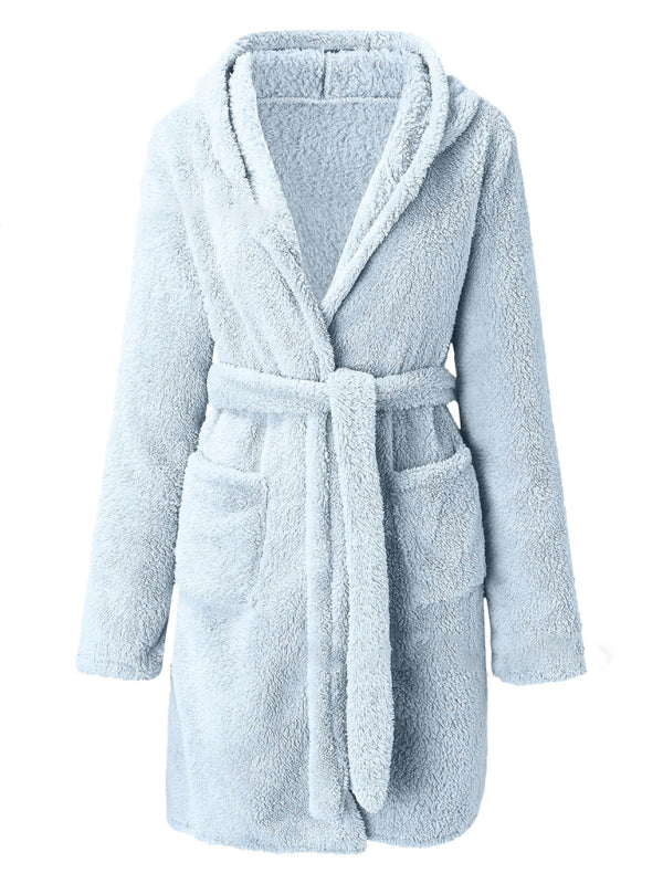 Hooded solid color warm bathrobe