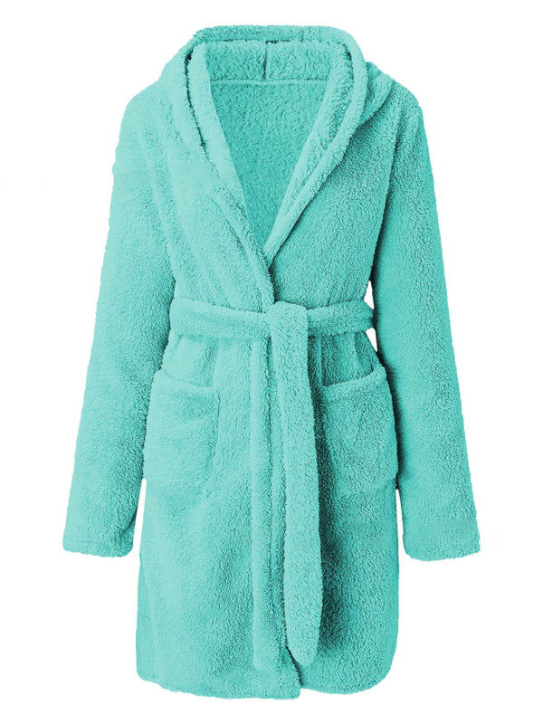 Hooded solid color warm bathrobe